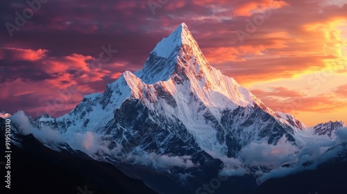 anoramic view to summit Ama Dablam and snow peaks with beautiful light after sunset in Nepal photo