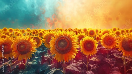 Sunflower Field: A vibrant field of tall sunflowers standing under a clear blue sky, their bright yellow petals creating a cheerful and uplifting scene. 