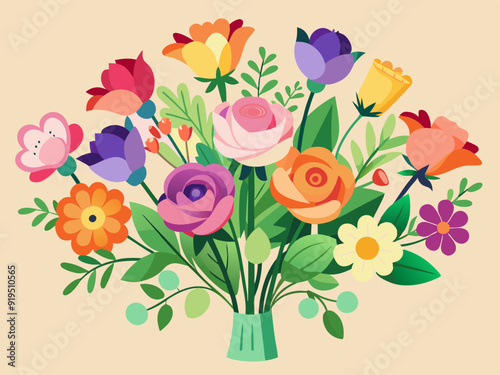 Flower bouquets. Garden blossoming flowers with stem and leaves, floral bouquet. Various cartoon romantic flowering plant for Woman and Mother day. Vector set 
