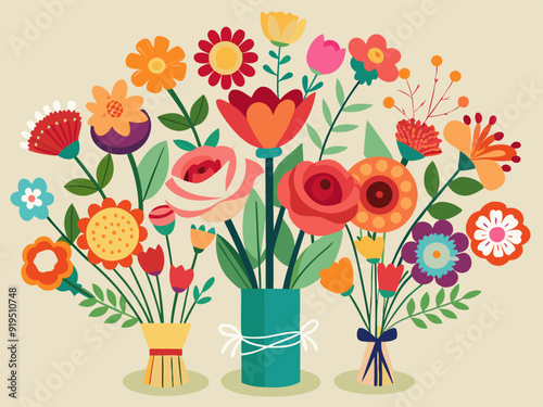 Flower bouquets. Garden blossoming flowers with stem and leaves, floral bouquet. Various cartoon romantic flowering plant for Woman and Mother day. Vector set 
