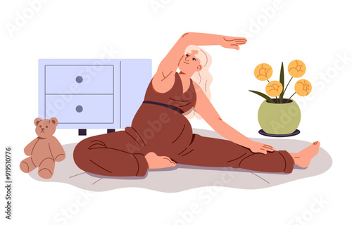 Pregnant girl stretches on the floor. Expectant mother practices pregnancy yoga, does sport exercises, workout. Happy woman with belly training indoors. Flat isolated vector illustration on white
