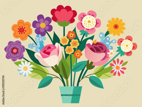 Flower bouquets. Garden blossoming flowers with stem and leaves, floral bouquet. Various cartoon romantic flowering plant for Woman and Mother day. Vector set 
