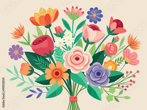 Flower bouquets. Garden blossoming flowers with stem and leaves, floral bouquet. Various cartoon romantic flowering plant for Woman and Mother day. Vector set 
