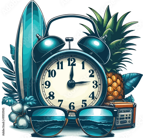 Clock with a Summer surfboard Design Summer t shirt design