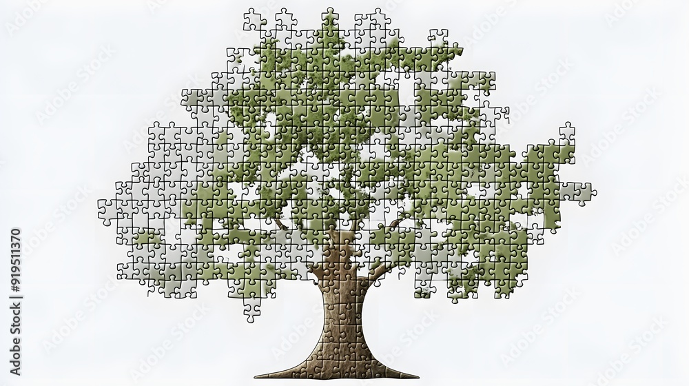 Fototapeta premium Jigsaw Puzzle with Pieces Forming a Tree. An illustration of jigsaw puzzle pieces arranged to form the shape of a tree. The pieces are in green and brown colors. The background is white, providing