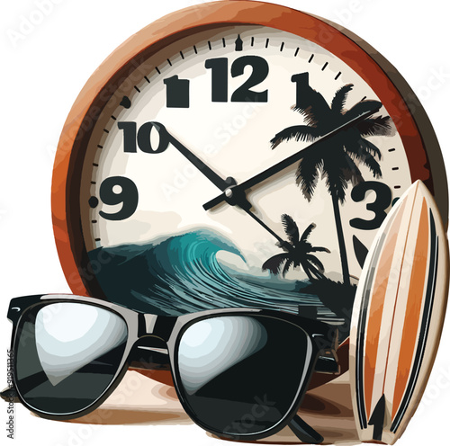 Clock with a Summer surfboard Design Summer t shirt design