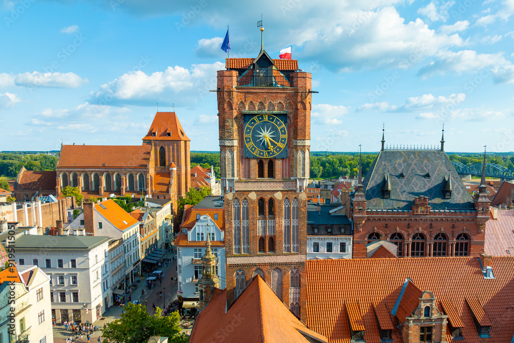 Aerial panoramic view of historical buildings and roofs in Polish medieval town Torun