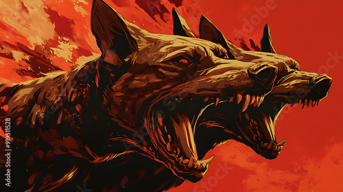 Greek mythology illustration , Cerberus the three-headed dog the guardian of the gates of the Underworld photo