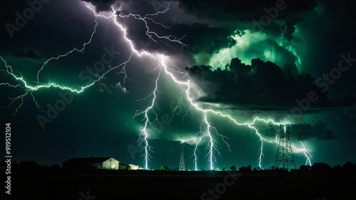 Vibrant lightning storm with intense green and dark clouds, illuminating the night sky over open field.