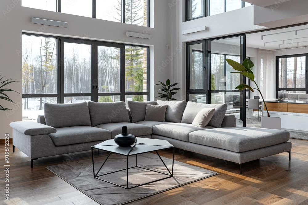 Modern living room with grey colored sofas and a huge window Modern living room with grey colored sofas and a huge window