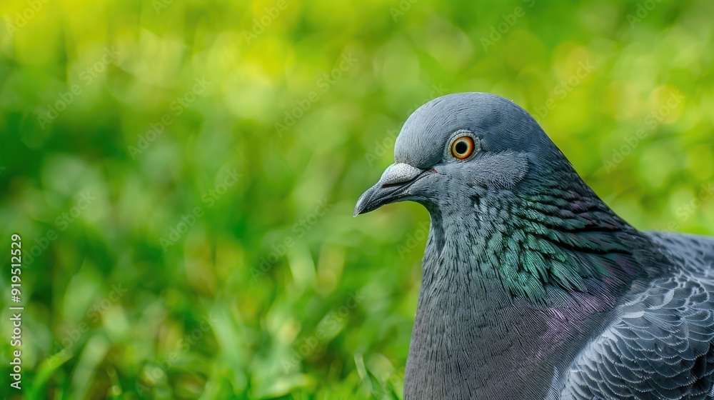 Obraz premium Close up of a gray garden bird head with copy space against green grass