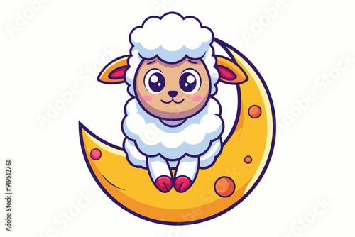 Cute Sheep Sitting On Moon Cartoon Vector Icons Illustration. Flat Cartoon Concept vector illustration  photo