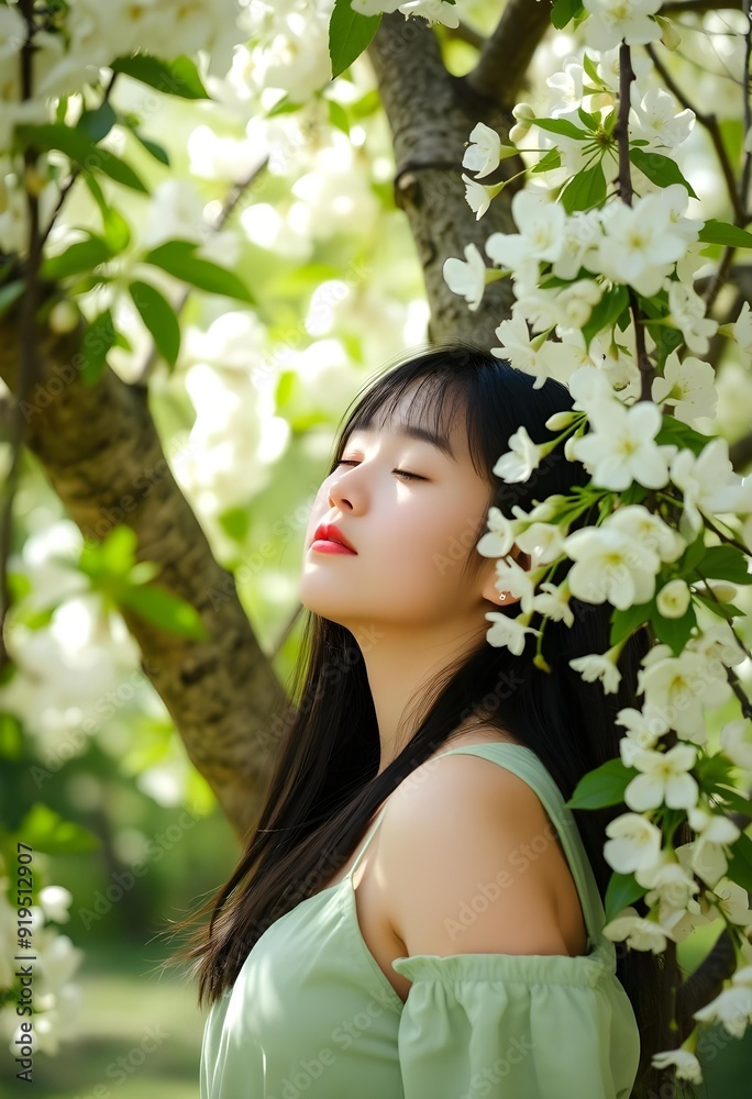 Serene Young Woman Enjoying the Scent of Spring Blossoms Serene Young Woman Enjoying the Scent of Spring Blossoms