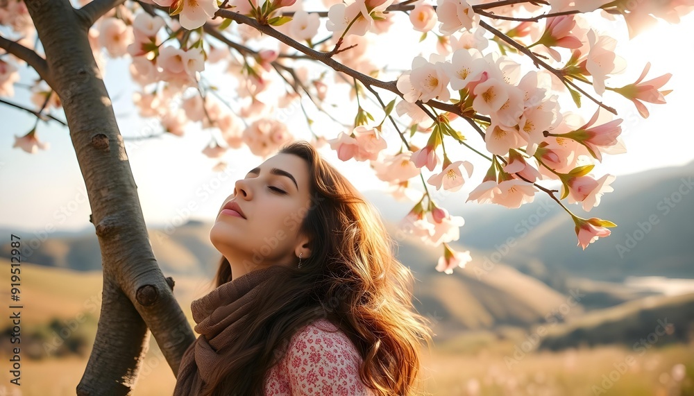 Serene Young Woman Enjoying the Scent of Spring Blossoms Serene Young Woman Enjoying the Scent of Spring Blossoms