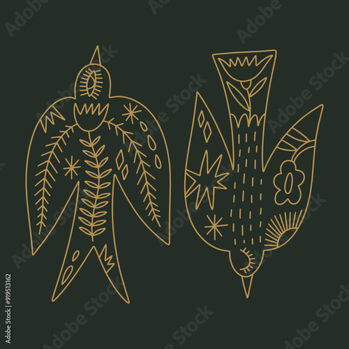 Modern woodland folk birds tribal boho patterned animal in Scandinavian style. Floral Slovak ornament, inspired by northern mythology and fairy tales. Swedish folklore drawing, Nordic flowers pattern
