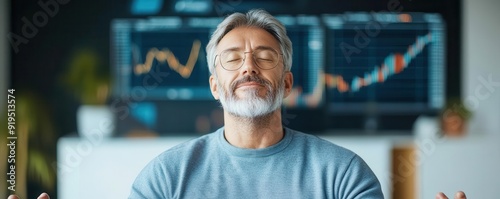 A serene businessman enjoying a moment of tranquility amidst financial charts and data, showcasing mindfulness in the workplace. photo