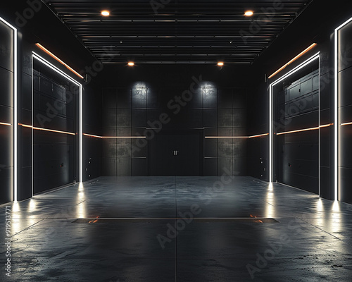 Dark black colored underground garage with white lights