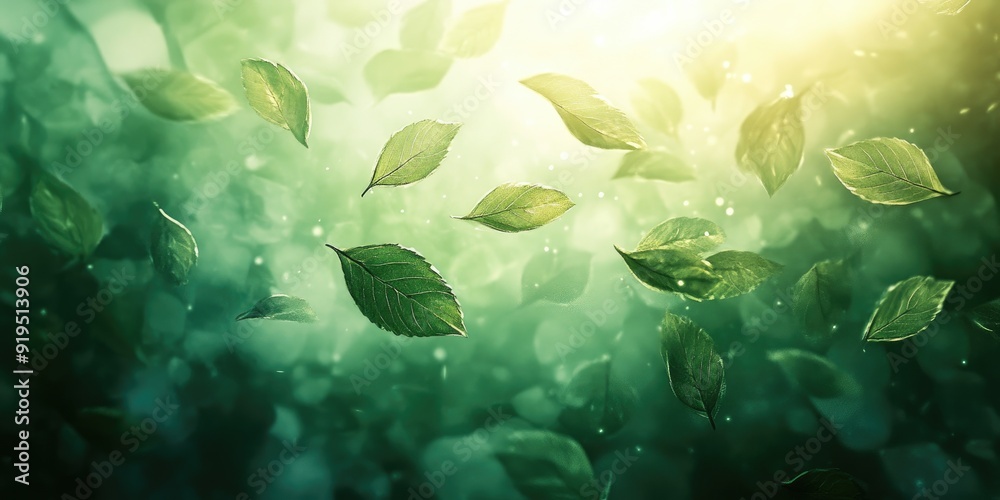 Fototapeta premium Green Leaves Falling Through a Misty Forest