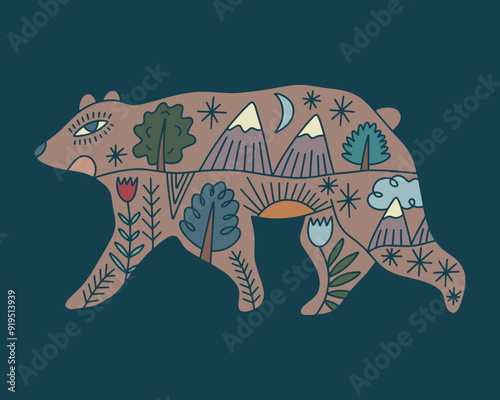 Bear folk graphic collage applicable label element in line coloring style with ornate flower decoration symbols, floral pattern. Nature logo, textile t-shirt print and more. Mascot shamanic