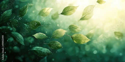 Green Leaves Floating in a Light Green Misty Background