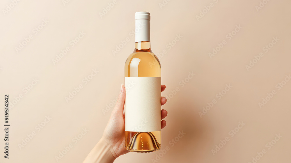 hand holding, wine bottle mockup, beige backgrounds. Generative AI