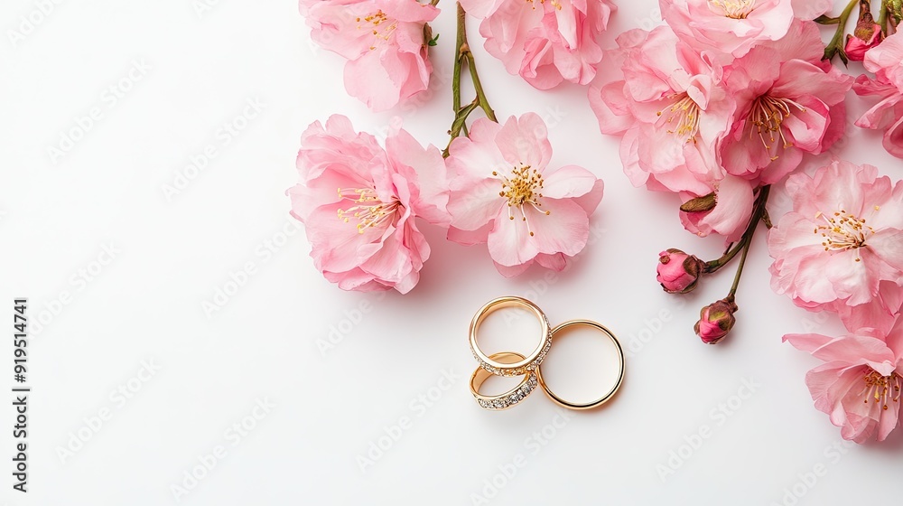 Pink flowers and two golden wedding rings on white background Pink flowers and two golden wedding rings on white background