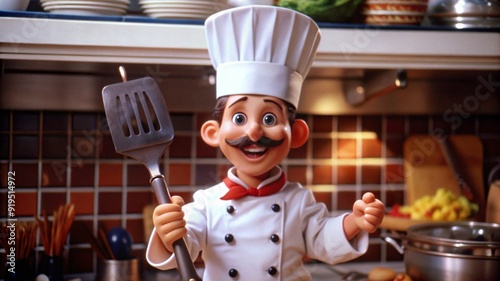 A Cartoon Chef Holding a Spatula, Perfect for Culinary-Themed Projects and Food Blogs