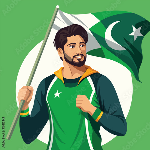 Vibrant Illustration of a Pakistani Athlete Holding the National Flag Dressed in a Green and White Sports Attire Symbolizing Patriotism