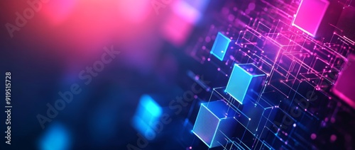 Abstract technology background with lines and cubes, data center, server, internet, speed. Amazing wallpaper abstract neon lights into digital technology. Generative stock.