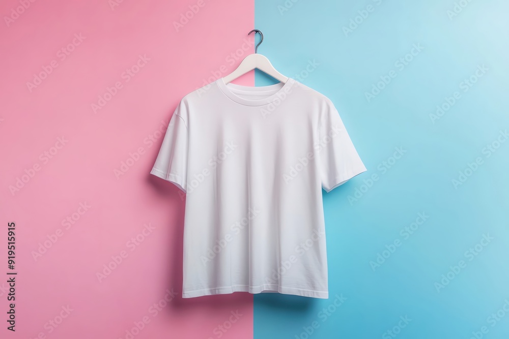 A simple white t-shirt hanging on a colorful backdrop, showcasing casual fashion and design potential for apparel. A simple white t-shirt hanging on a colorful backdrop, showcasing casual fashion and design potential for apparel.