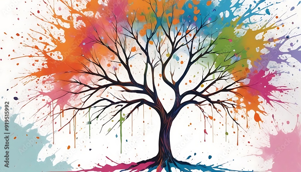 Naklejka premium A colorful abstract tree with vibrant branches and leaves in shades of orange, pink, blue, and green against a white background with scattered paint splatters