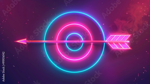 Neon Arrow and Target Icon A simple vector illustration of a glowing neon arrow hitting a target, representing goal oriented leadership and precision strategy photo