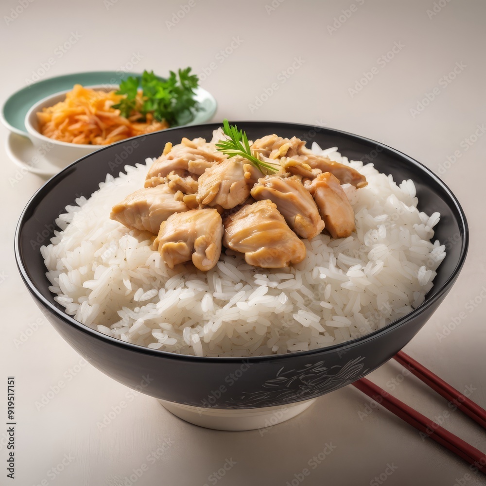 a bowl of rice with chicken and chop sticks. a bowl of rice with chicken and chop sticks.