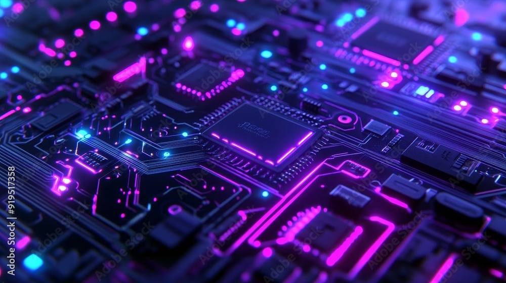 An electronic circuit board with glowing components - a futuristic concept for innovation. An electronic circuit board with glowing components - a futuristic concept for innovation.