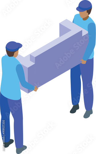 Two movers in uniform are carrying a heavy object, depicting a furniture delivery service