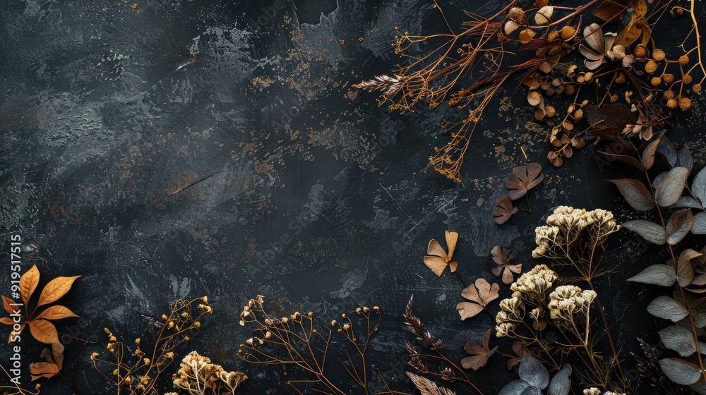 Obraz premium Fall winter theme with dried foliage on a dark base Plant arrangement Flat lay with space for text