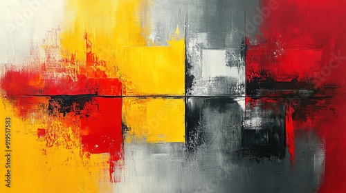 A vibrant abstract painting featuring bold colors of yellow, red, black, and white, perfect for modern art enthusiasts.