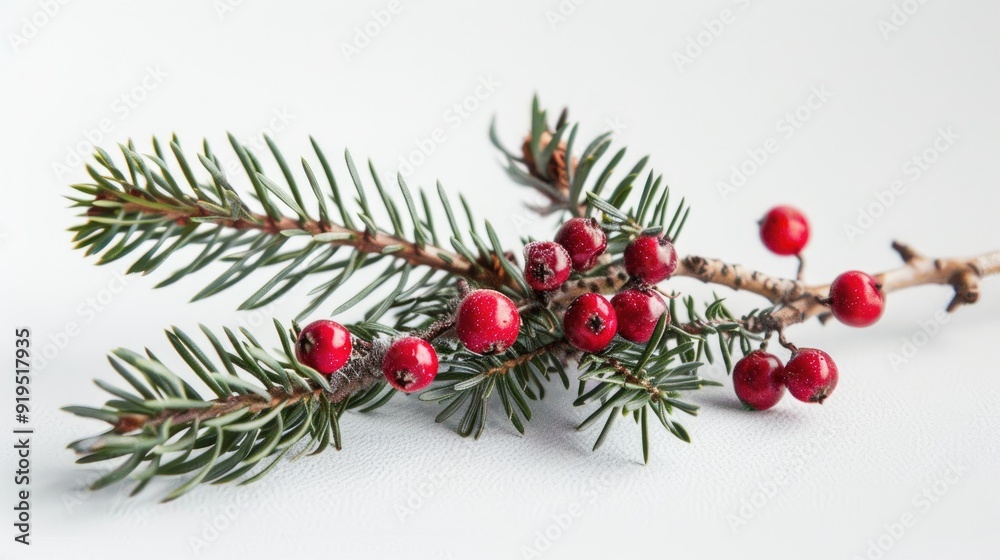 Forest berry atop pine twig on white surface