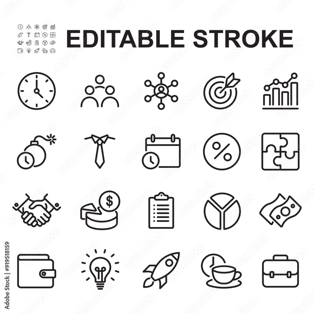 Collection of business related icons. Thin line style vector illustration. Contains icons like Time, business charts and more.