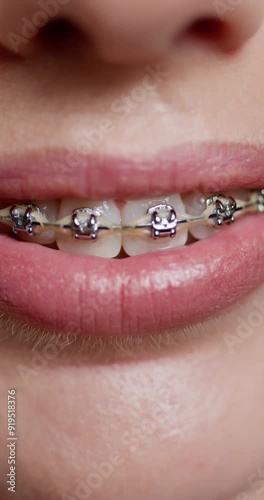Vertical video. Close up smile of woman with dental braces. Concept of orthodontic treatment, oral hygiene, and health care. Metal brackets on teeth and importance of maintaining oral care with braces