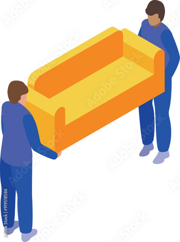 Two delivery service workers in uniform are carrying a sofa