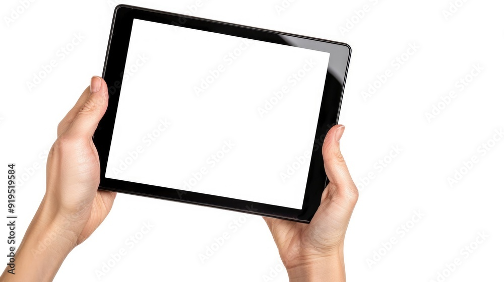 Hand holding touchscreen device on white background with clipping path Hand holding touchscreen device on white background with clipping path