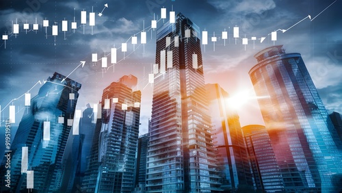 High rises with superimposed monetary diagrams, representing housing market patterns on an overcast sky foundation, idea of market examination