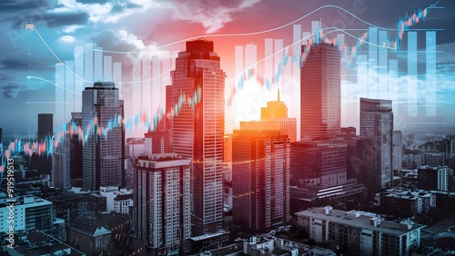 High rises with superimposed monetary diagrams, representing housing market patterns on an overcast sky foundation, idea of market examination