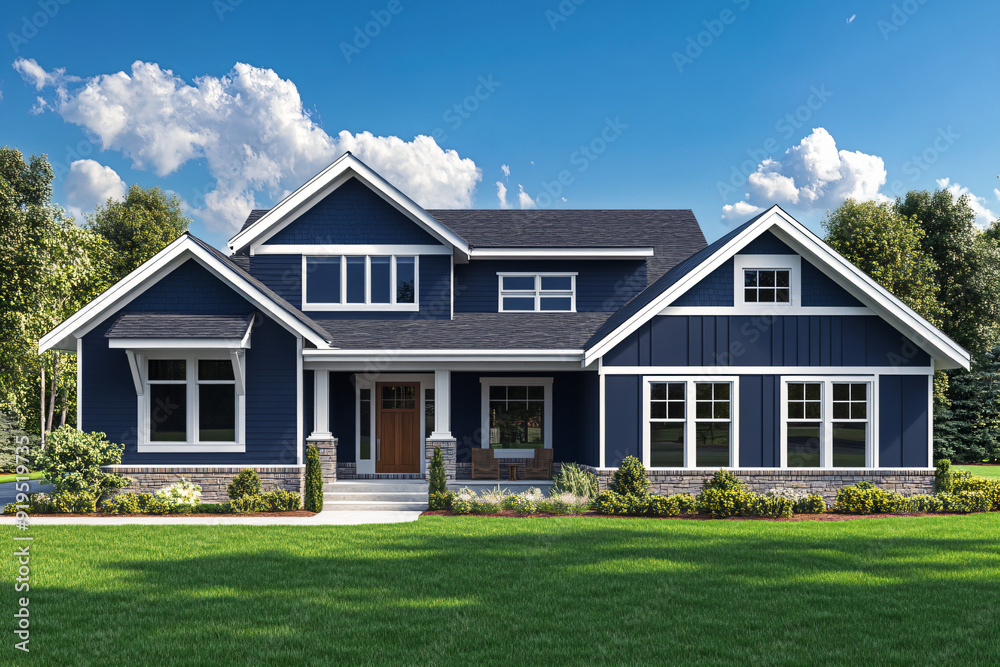 Modern Blue House with White Trim and Stone Foundation. Modern Blue House with White Trim and Stone Foundation.