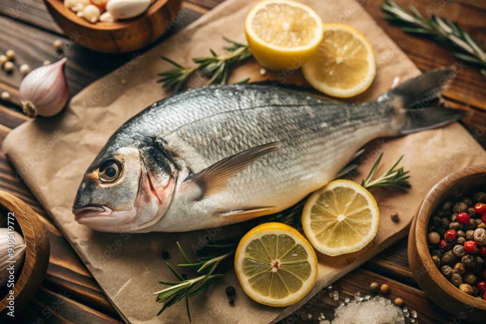 Delicious and healthy fish. Raw dorado with lemon and ingredients on a dark background. Banner, menu, place for recipe text, top view. Delicious and healthy fish. Raw dorado with lemon and ingredients on a dark background. Banner, menu, place for recipe text, top view.