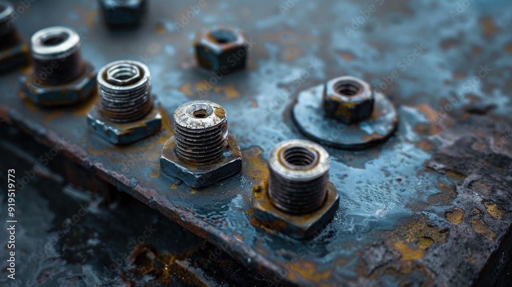 Hardware for joining threaded links with round headed bolts on metal surface with space for text Hardware for joining threaded links with round headed bolts on metal surface with space for text