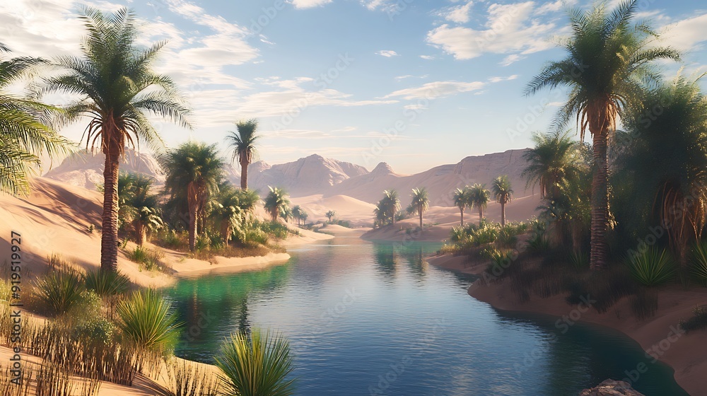 Oasis in a Desert Landscape with Palm Trees and a Winding River Oasis in a Desert Landscape with Palm Trees and a Winding River