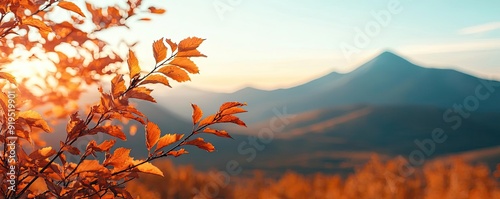 A mountain landscape at sunrise, with crisp autumn air and the first light hitting the vibrant fall foliage, Fall, autumn beauty photo