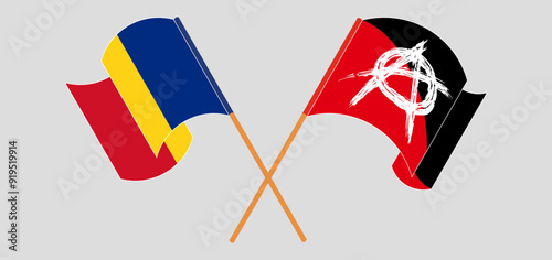 Crossed and waving flags of Romania and Anarchy